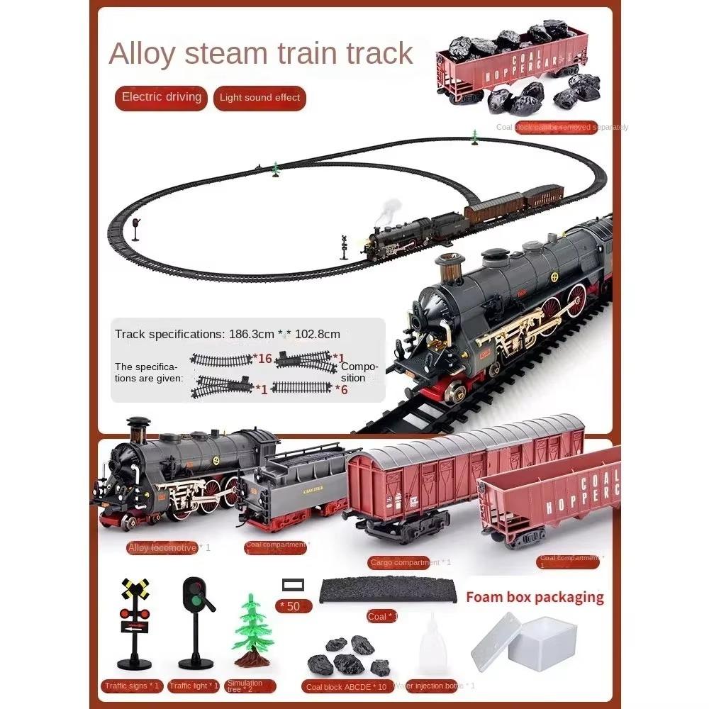 Classic Train Railway Set Steam Locomotive Small Train Electric Simulation Retro Alloy Head Rail Car Electric Model Toy