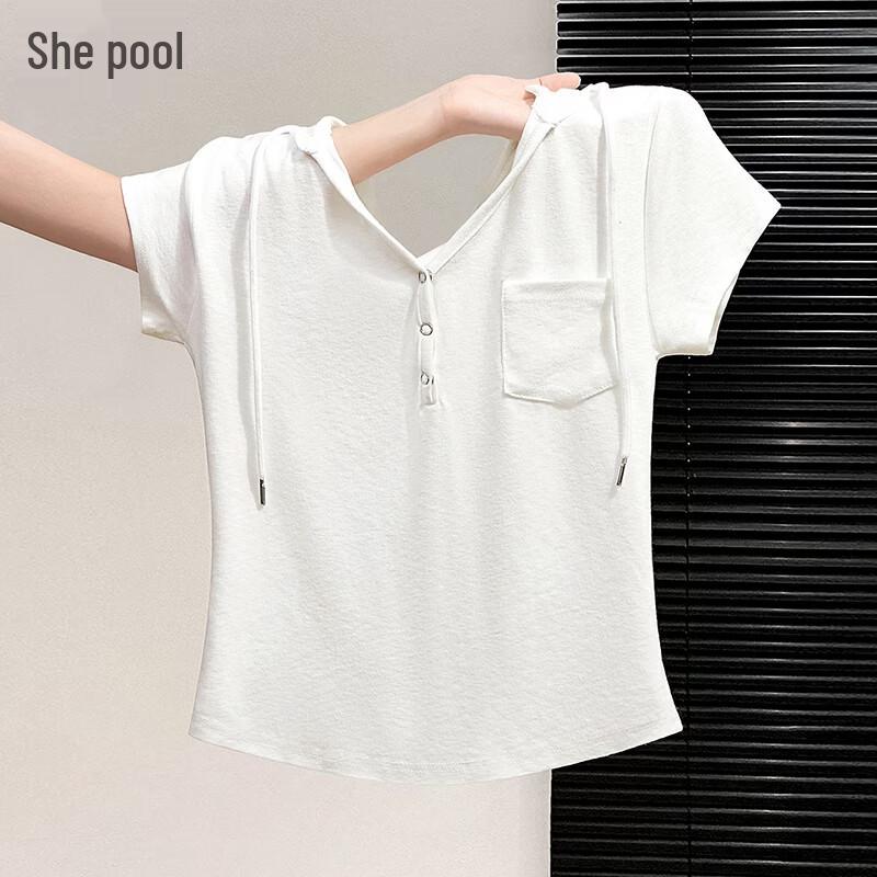 Women s Hooded Slim Fit Knit T-shirt L белый