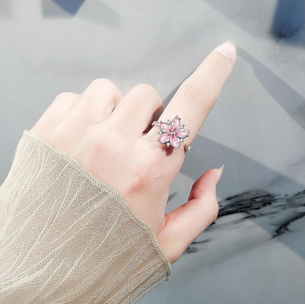 Flower Ring Adjustable Copper Jewelry For Women With Zirconia And Pink Blossom Design