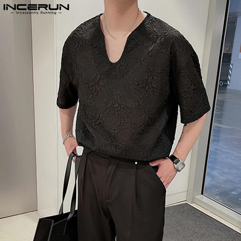 

INCERUN Мужские летние рубашки с глубоким V-образным вырезом, текстурированная футболка с короткими рукавами