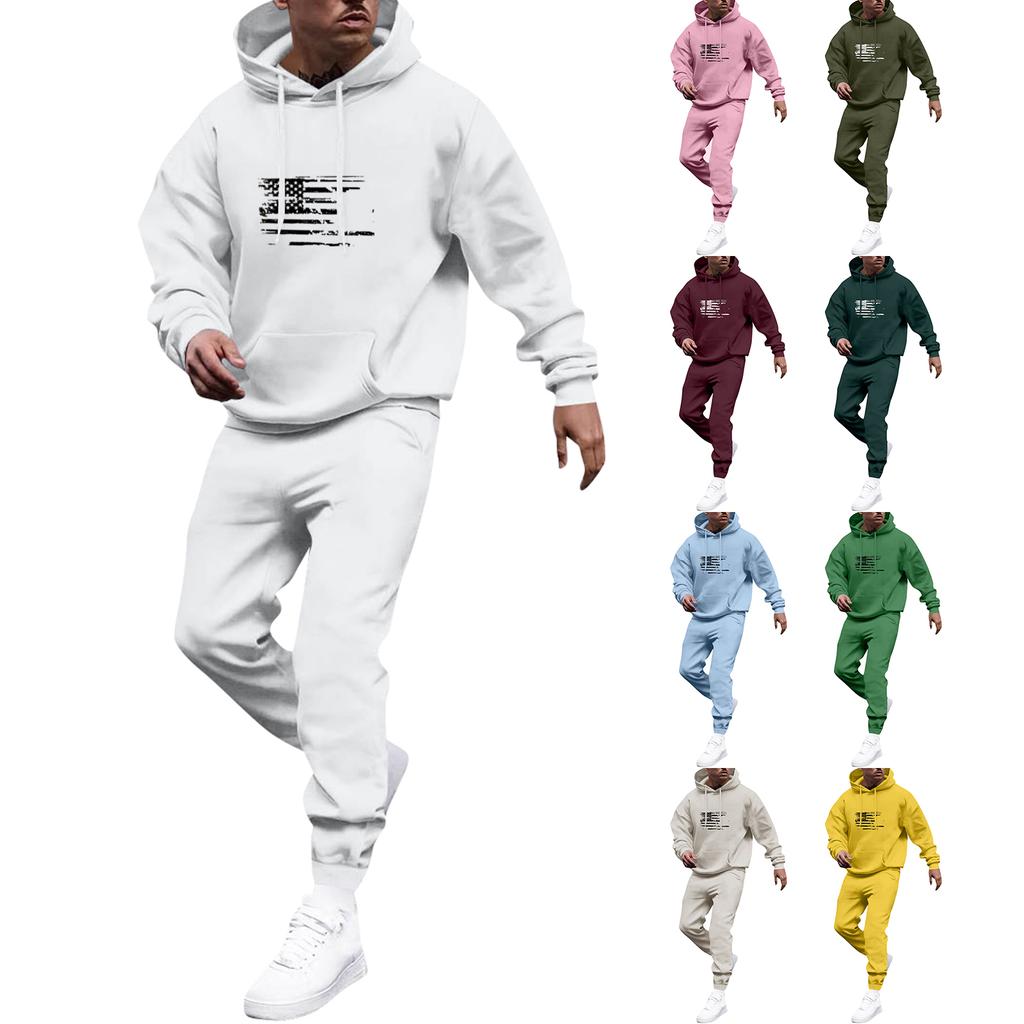 Men's Solid Color Flag Print Hooded Universal Versatile Hooded Sweatshirt Sweatpants Casual Sports Suit