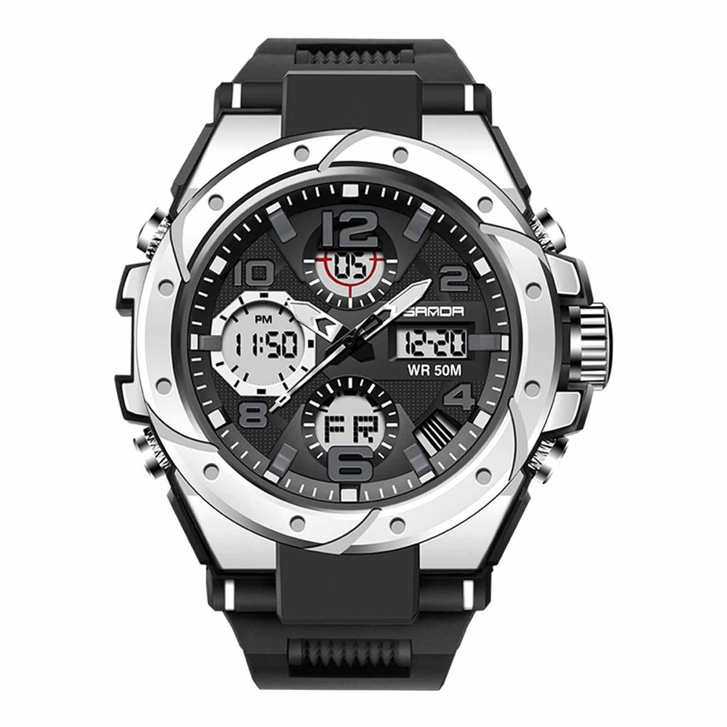 SANDA WR 50M Men's Multifunctional Dual Display Luminous Quartz Watch with Digital and Analog Timekeeping Durable Strap