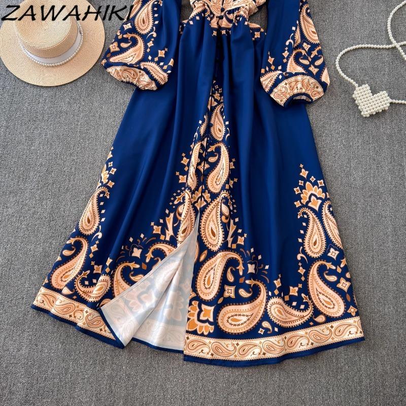 Vintage Evening Dress for Women Print Pleated Puff Sleeve Vestidos Button Designer Femme Robe Temperament Office Lady Ropa Mujer