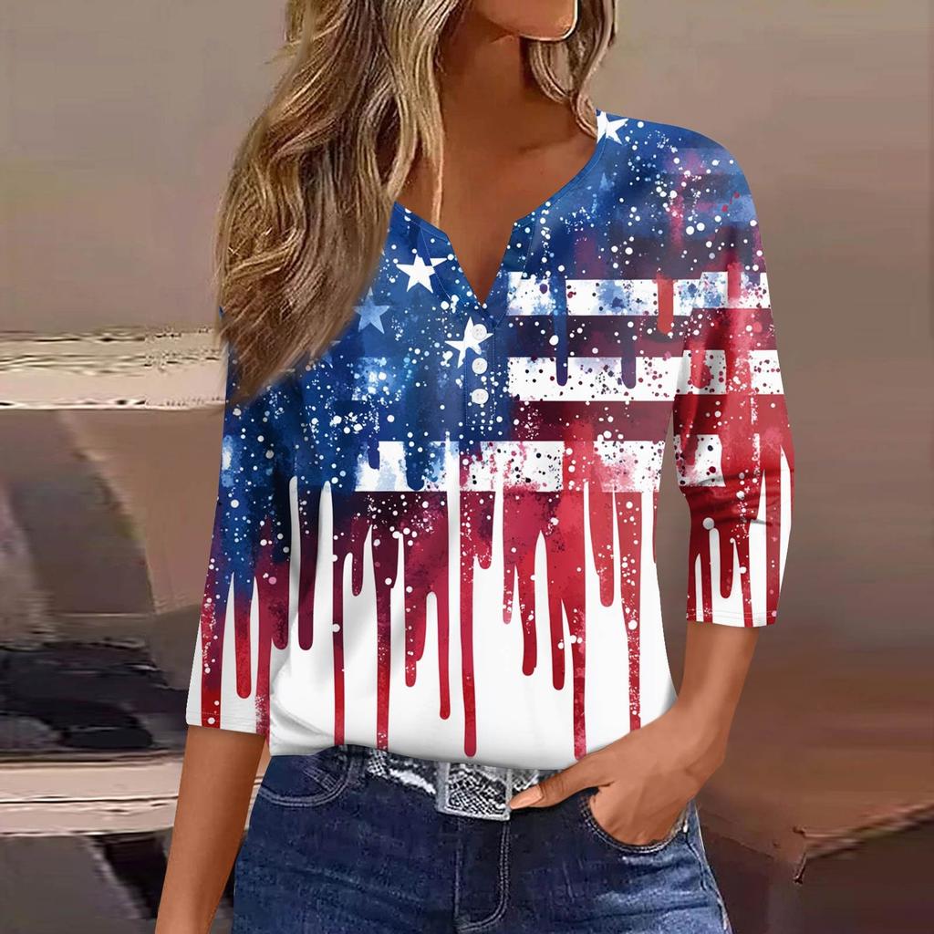 Women's Fashion Button V Neck Seven Sleeve Independence Day Printed Top