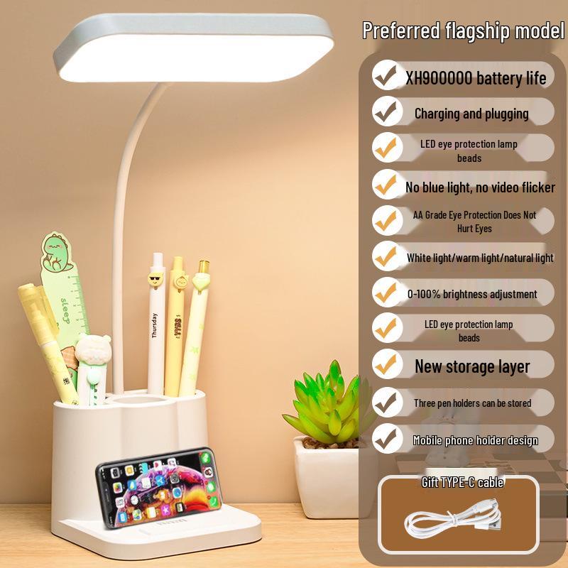 Smart LED Desk Lamp with Eye Protection, Pen Holder, and Bedside Night Light for Students
