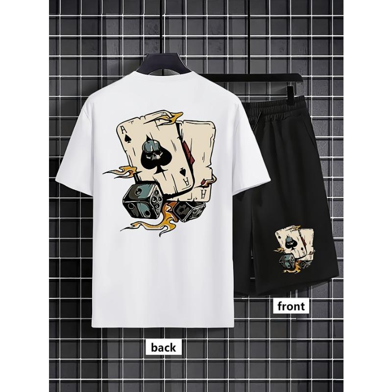 American men's summer fashion poker graffiti print comfortable breathable round neck T-shirt shorts set outdoor streetwear