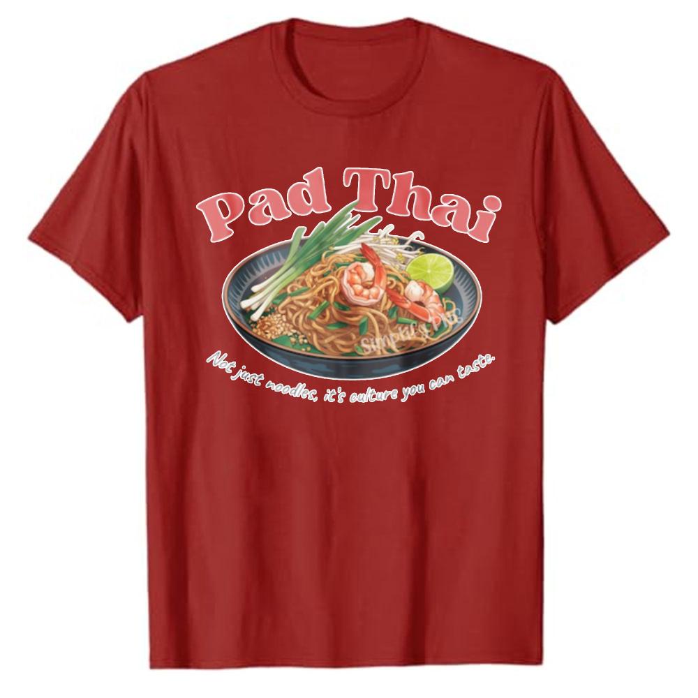 Watercolor Pad Thai Food Illustration Short Sleeve Crew Neck Cotton T Shirt Relaxed Fit Noodles Shrimp Lime Green Onions Tops