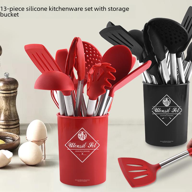 Set de 13 ustensile de bucătărie din silicon: Spatule și linguri pentru gătit și copt cu găleată de depozitare