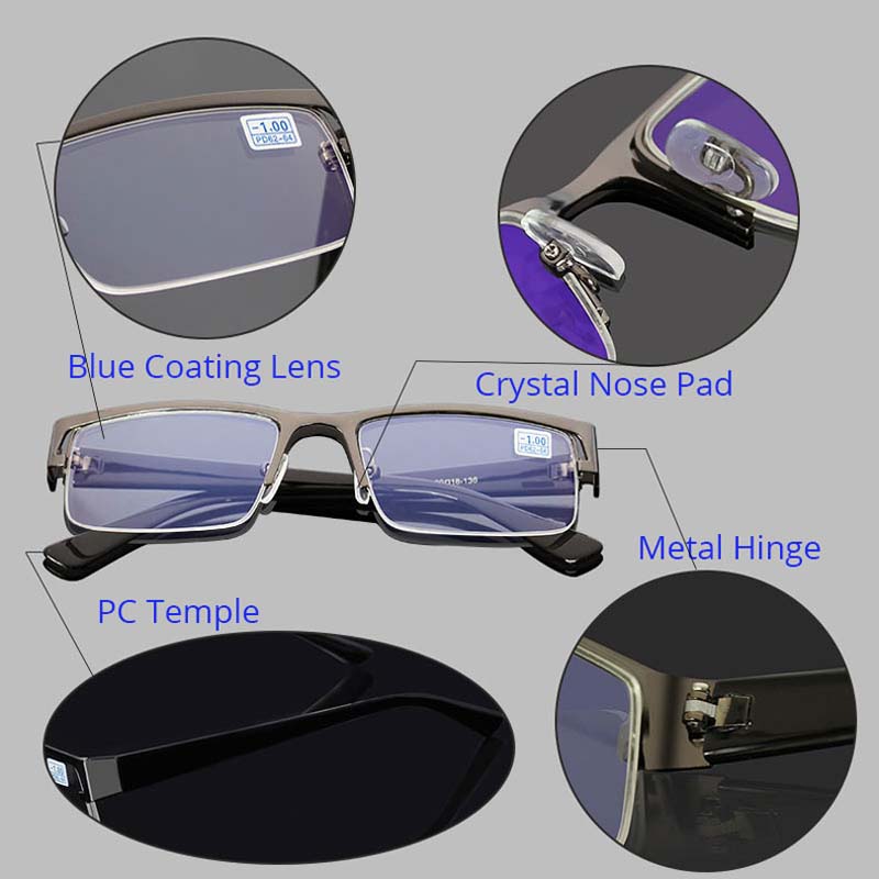 Metal Stainless Myopia Eyeglasses Computer Men Eyeglasses Half Frame Spectacles Anti Blue Ray Eyeglass -1.0 -1.5 -2.0 to -5.0 -6.0