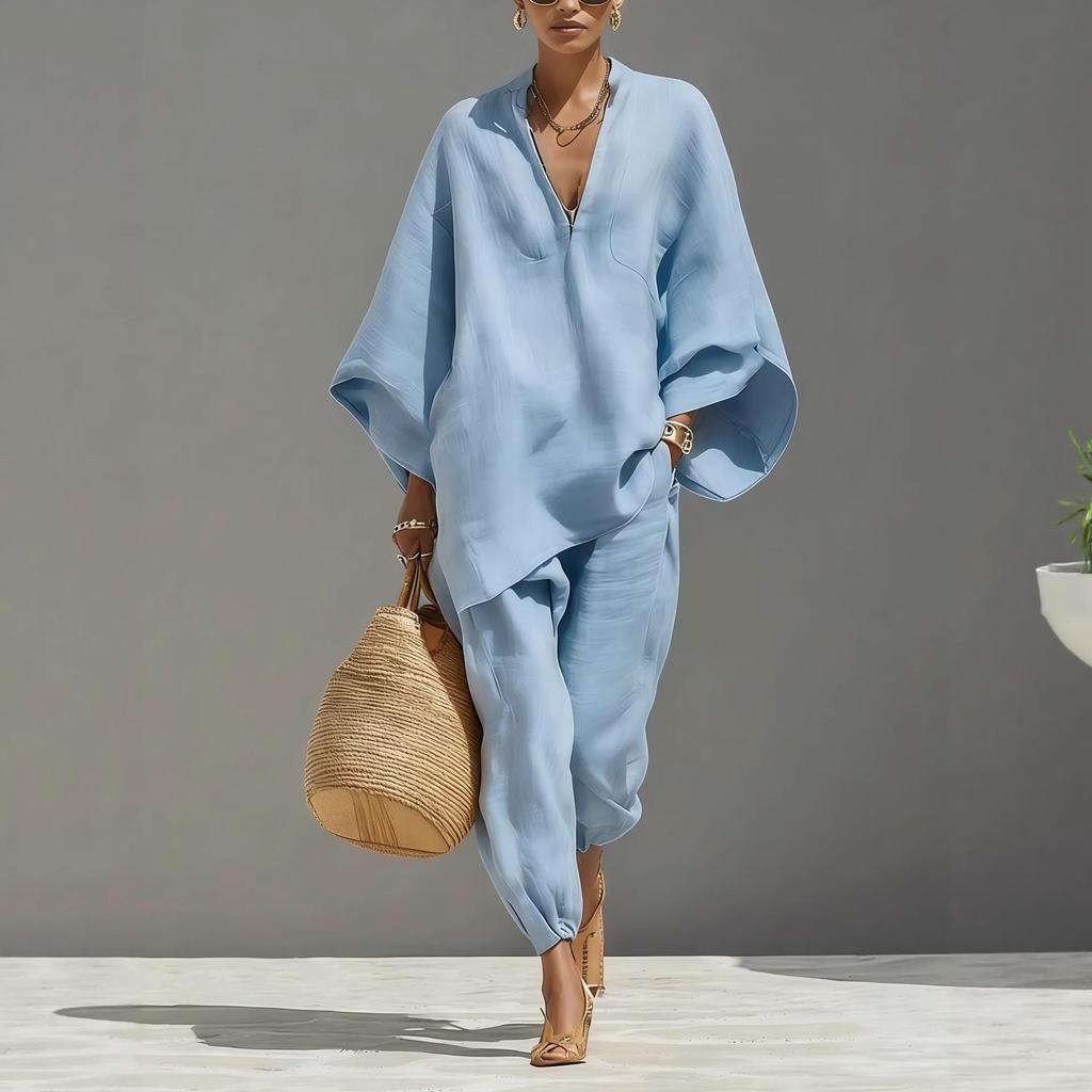 Completo con Top Beige Scollo a V Manica Lunga e Pantaloni a Gamba Larga