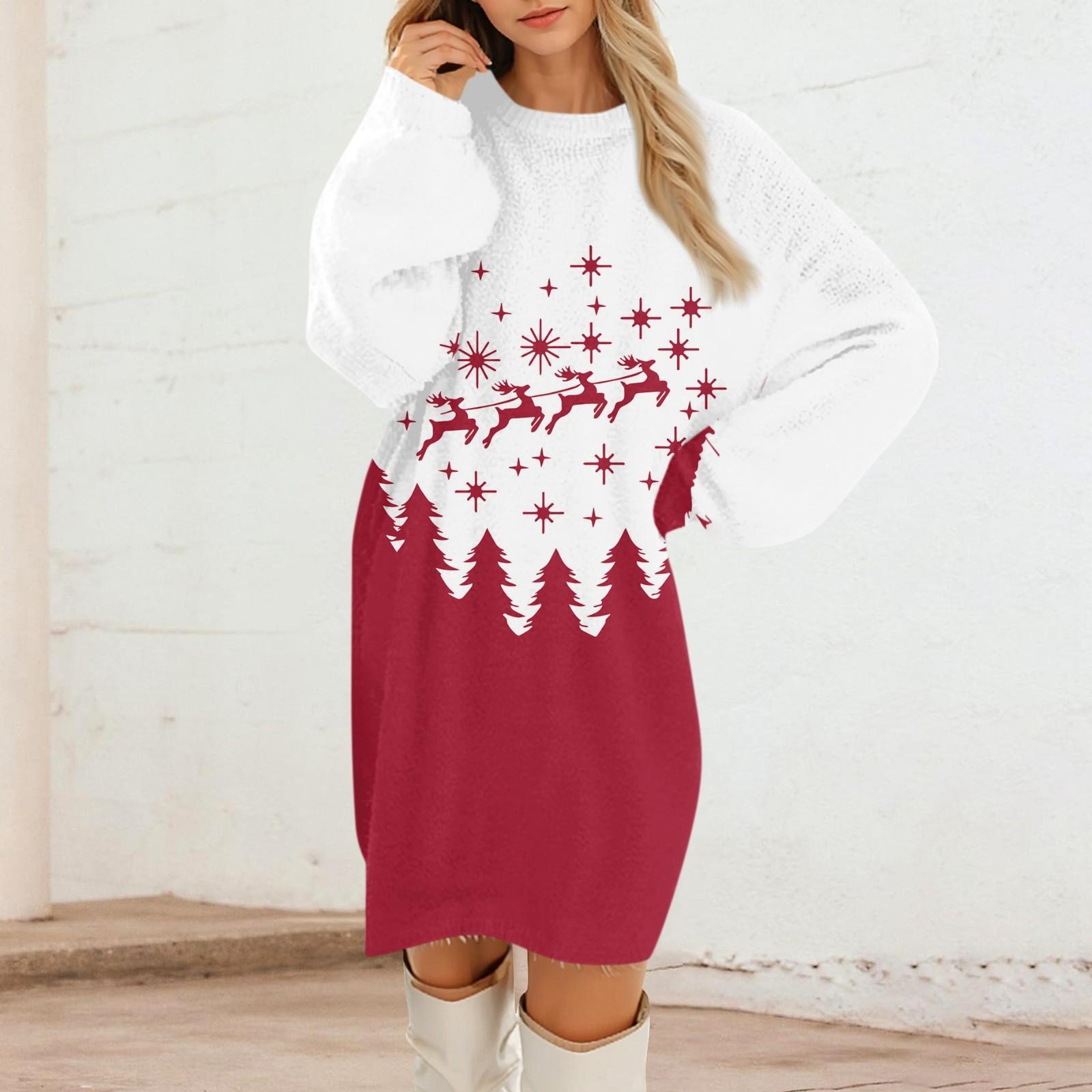 

Женские повседневные платья с круглым вырезом и длинным рукавом из плюша с рождественским принтом XXXL киноварь