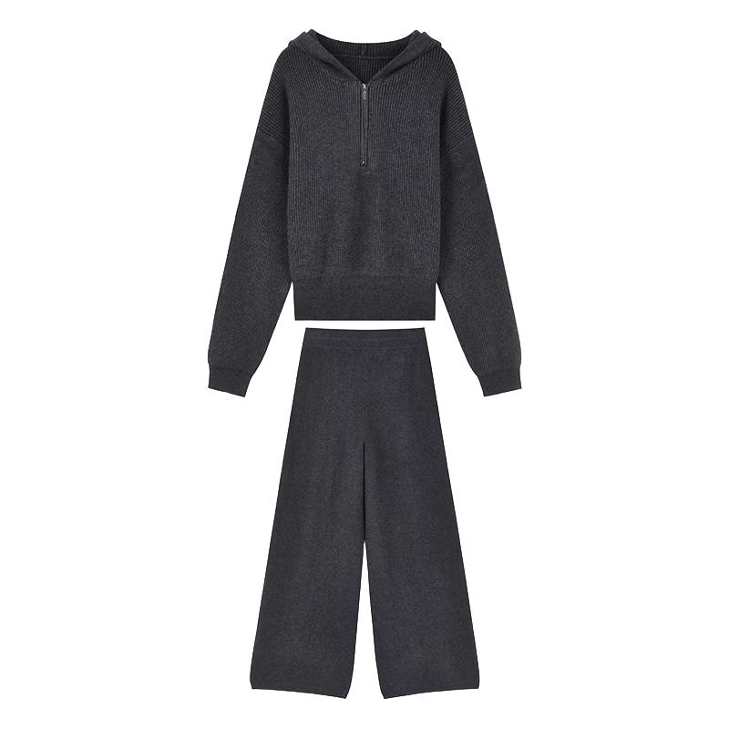 Qiushui Yiren Women s Hooded Zipper Top & Wide-Leg Pants Set L