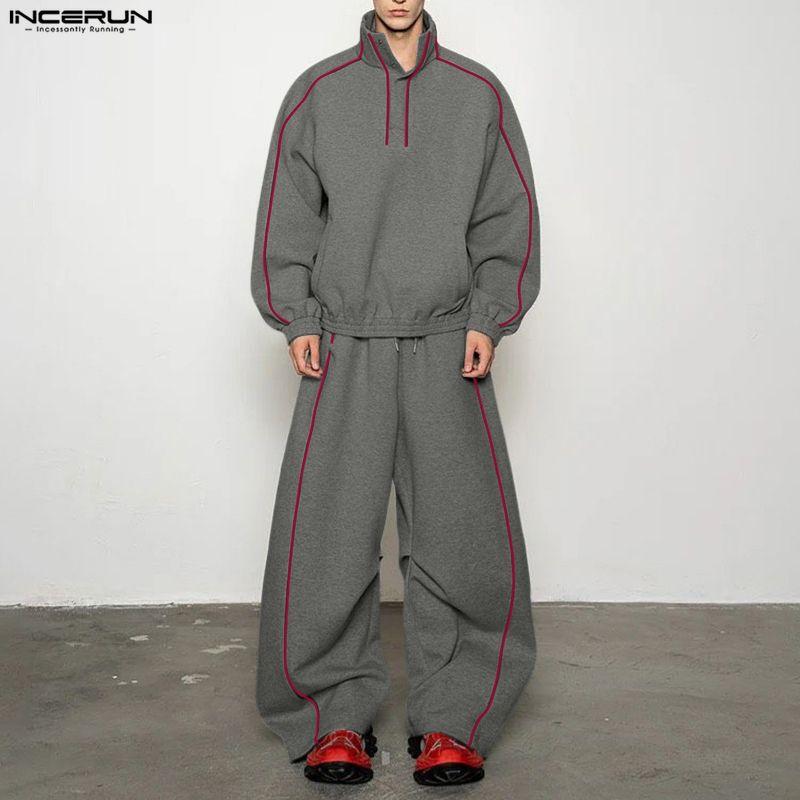 INCERUN Conjuntos de Dos Piezas para Hombre Cuello Alto Manga Larga Costuras Sudaderas Pantalones Largos Conjuntos Deportivos