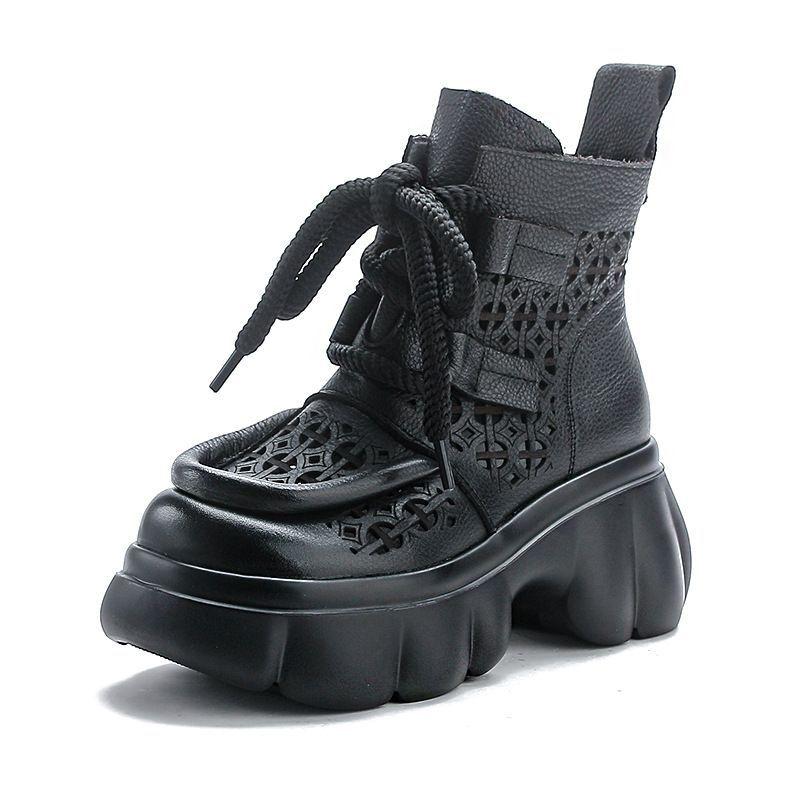 Cool boots women's 2025 spring and summer new retro sandals thick-soled hollow high-top women's shoes side zipper lace-up hole shoes