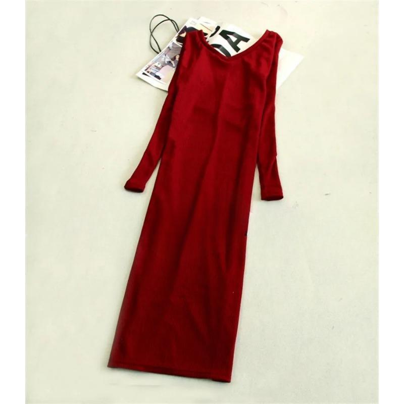 Women's Stretchy Knitting Sweater Dress Autumn Winter V-neck Ruched Long Sleeve Skinny Split Pencil Dress Red Navy Blue Gray