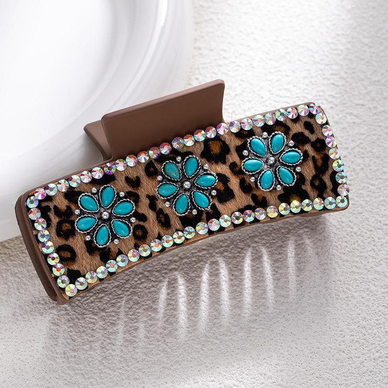 Bohemian Ethnic Style Turquoise Grab Clip Western Style Hairpin Retro Leopard Print Sequined Leather Fashion Disc Hairpin