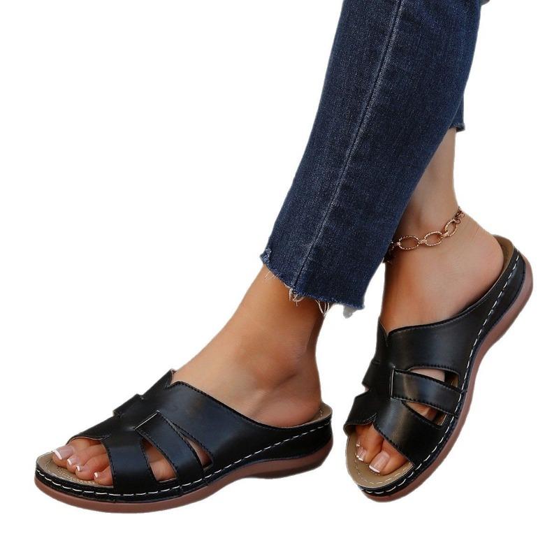 Pantofle na platformě s klínkem Dámské Zahraniční obchod Velká velikost Jednoslovné Jednobarevné Pletené Venkovní Nošení Ležérní Šicí Linie Sandály Dámské Boty