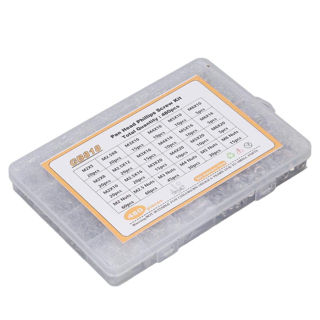 480PCS Screw Kit Pan Head Cross 304 Stainless Steel Screw Nut Washer Assortment Kit M2 M2.5 M3 M4