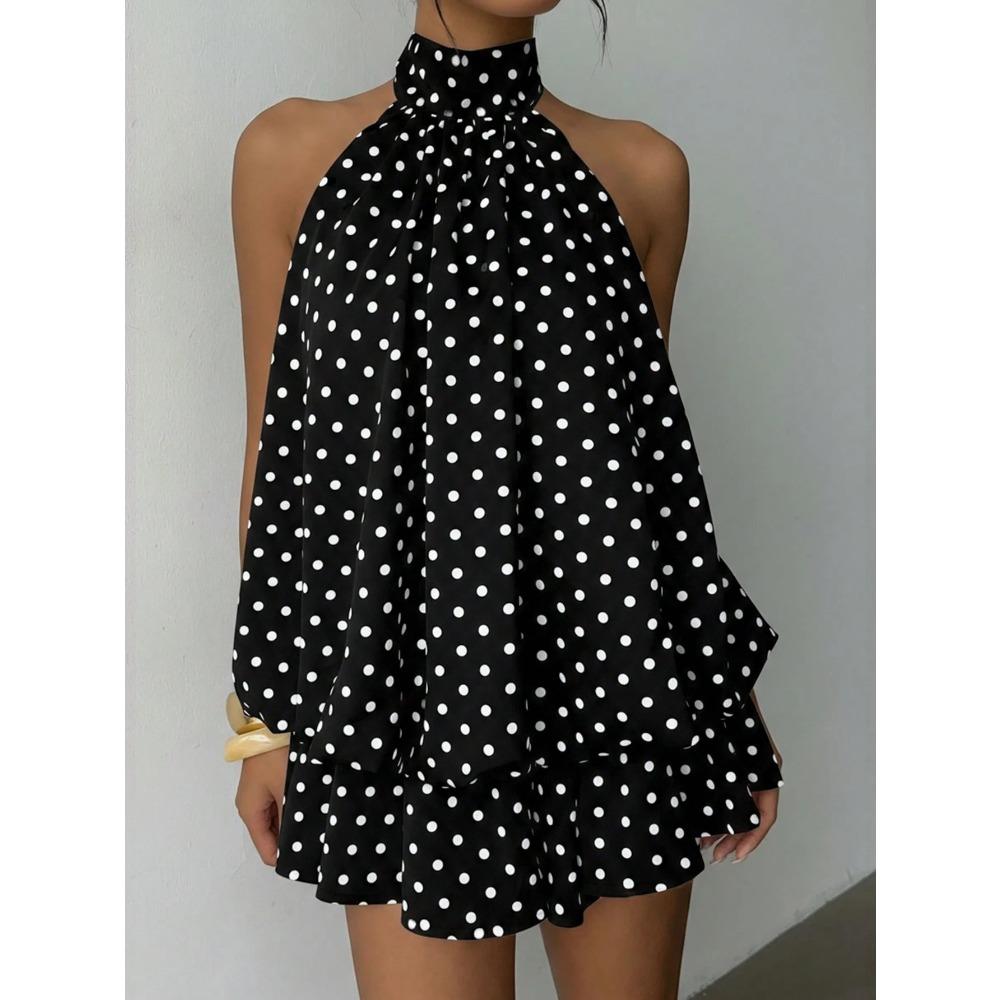 Mini Abito da Festa da Donna con Scollo all'Americana Senza Maniche Monocolore in Chiffon Vestibilità Larga Schiena Scoperta Stratificato Svolazzante Corto