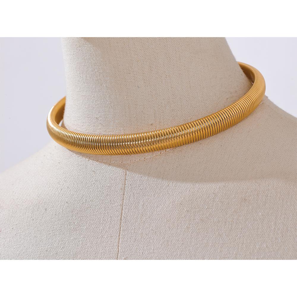 Yhpup 316l Stainless Steel Thick Elastic Torques Necklace for Women Waterproof 18K PVD Plated Texture Statement Choker Jewelry