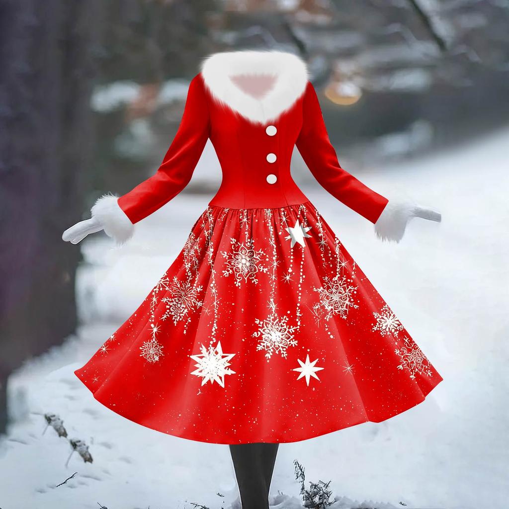 Women's Casual Dress Long-Sleeve V-Neck Patchwork Fleece Christmas Print Dress