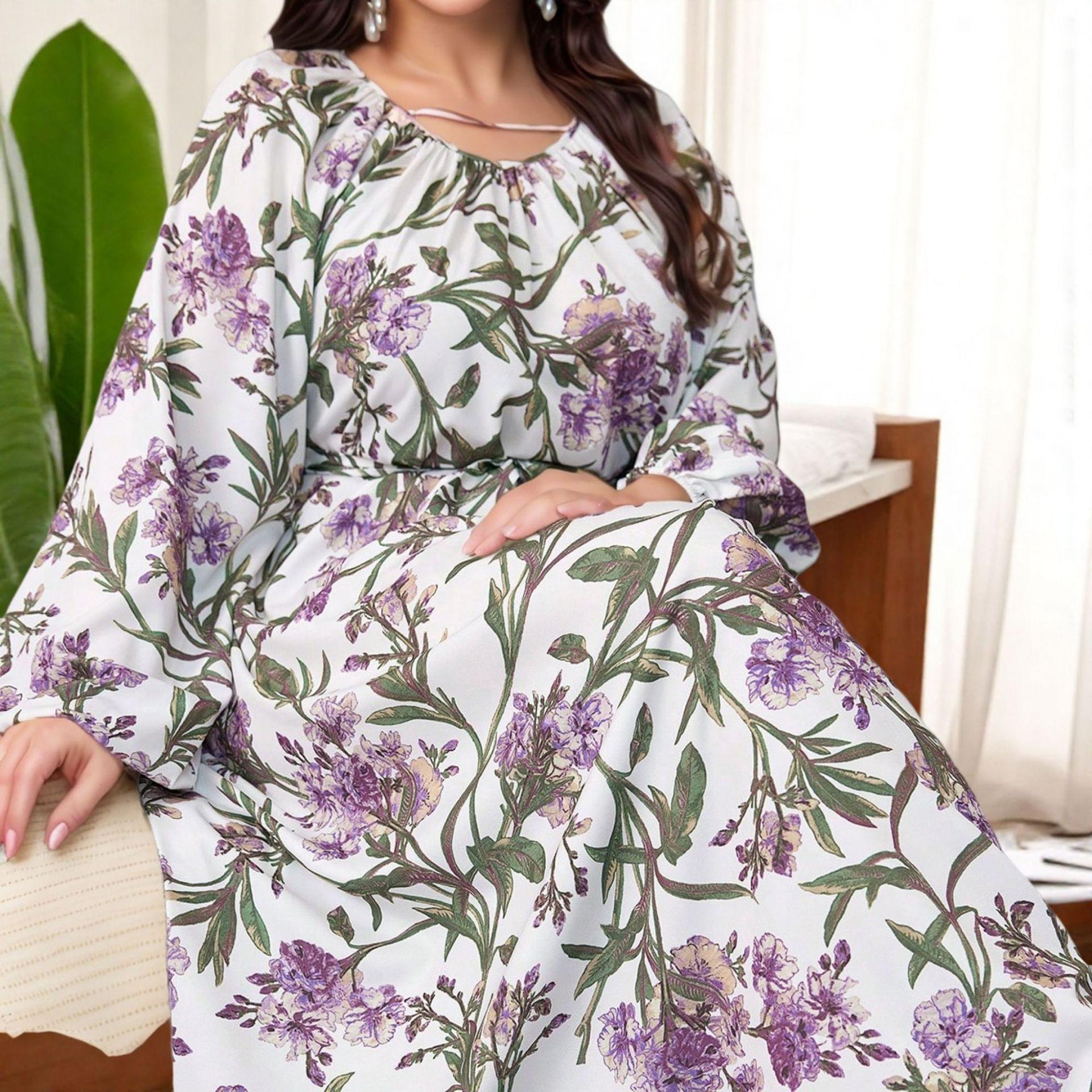 Plus Size Purple Floral Waist-cinching Retro Long Dress for Women S фиолетовый
