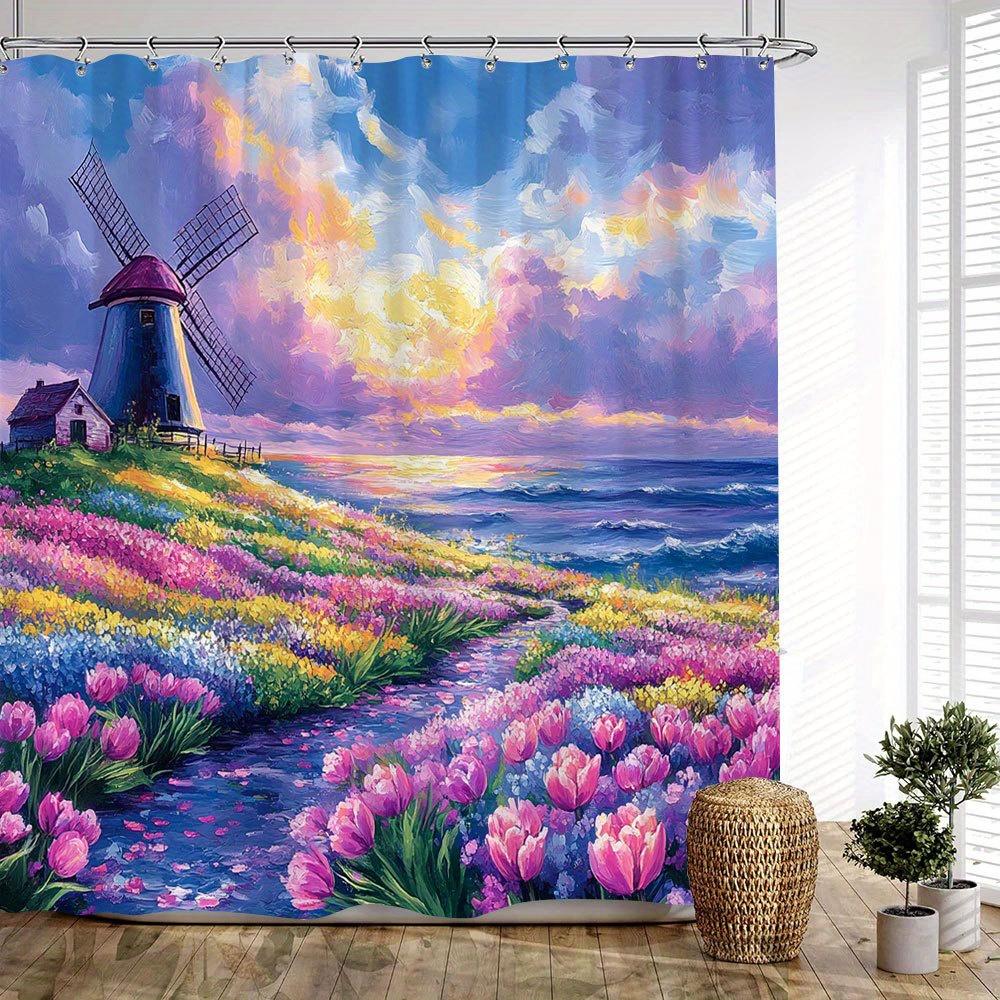 Vibrant Windmill Floral Waterproof Mildew-Resistant Shower Curtain - Scenic Design for a Peaceful Bathroom Décor Experience