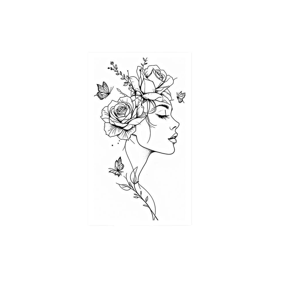 Rose Muse Side Face Tattoo Sticker, Waterproof And Long-Lasting, Thin Line Plant Butterfly, Girl Calf Tattoo