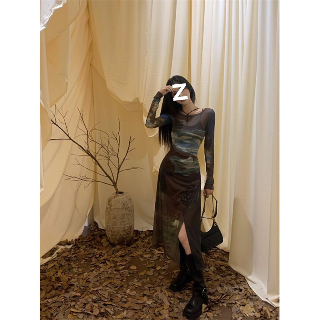 French high-end tie-dye mesh long-sleeved dress for women's spring and autumn new temperament waist and thin hip-wrapped long skirt