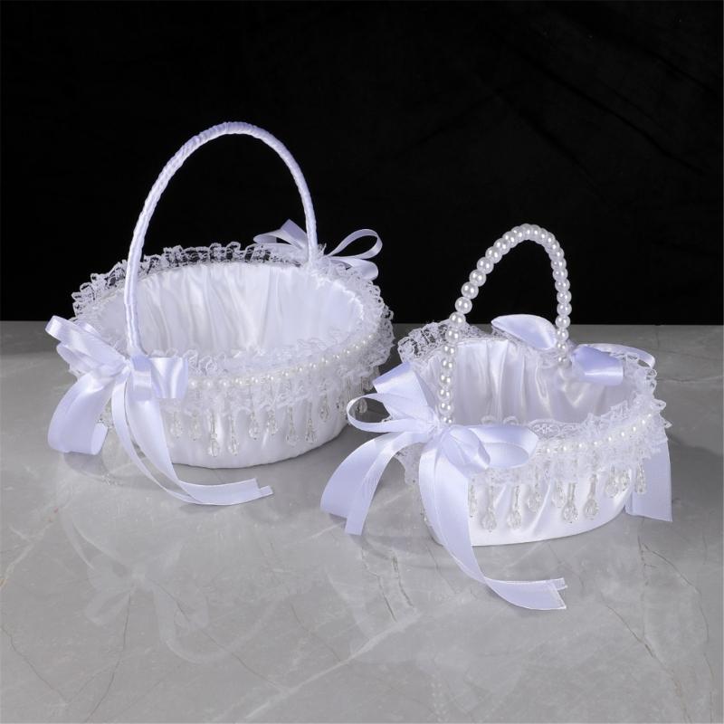 Elegant Crystal Pearls Tassels Basket For Wedding Party Decorations Handcrafted Floral Container With Silk Fabric