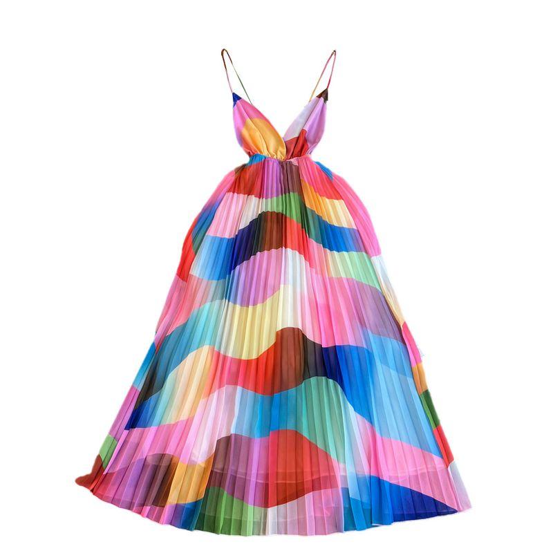 Color Print Open Back Retro Big Swing Mop Suspender Skirt