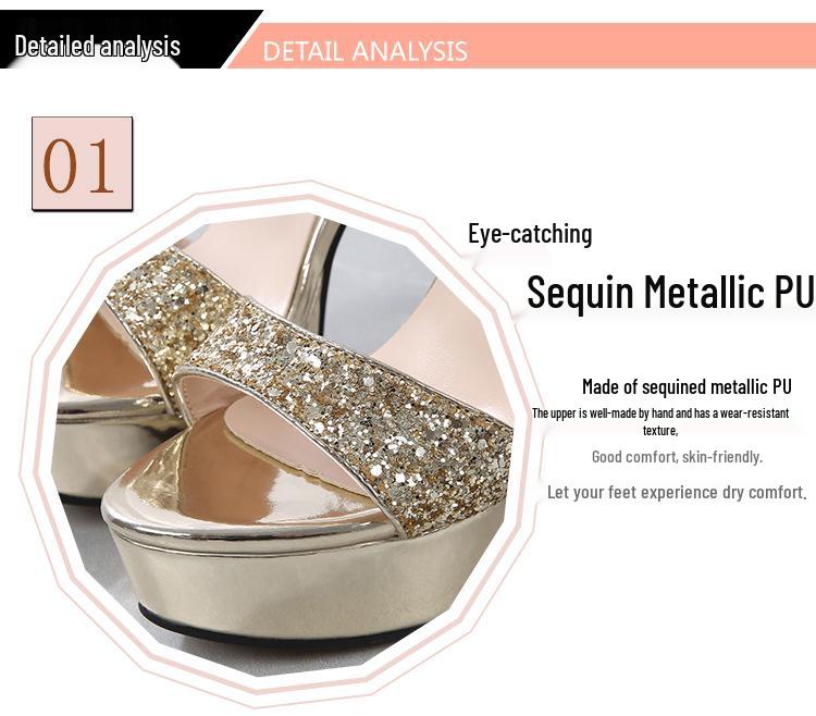 2021 New Fashion Waterproof Platform Sequin Strap High Heels - Women's Wedding & Banquet Sandals