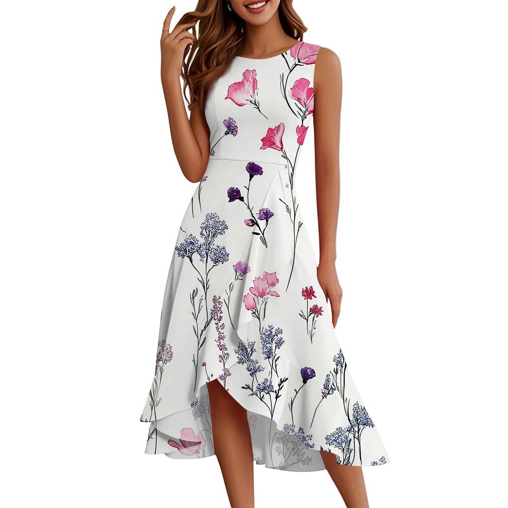 Damenmode Lässig Reißverschluss Ärmellos Rundhals Bedruckt Elegant Temperament Rüschenkleid Kleider