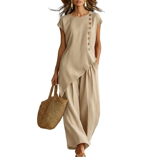 Women's Summer Casual 2 Piece Sets, Buttons Short Sleeve Top And Wide Leg Pants Matching Sets, Asymmetrical Hem Vacation Lounge Outfits