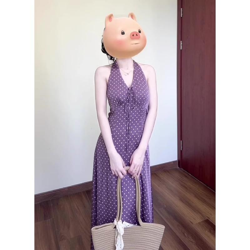 Hong Kong Style Retro Polka Dot Neck Dress Women's Summer French Holiday Style Temperament V-neck Waist Thin Long Dress Purple