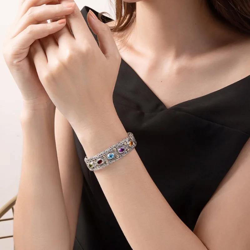 Luxury Inlaid Colored Gemstone Bracelet Fashionable Wedding Fine Couple Bangles Jewelry Gift For Girlfriend