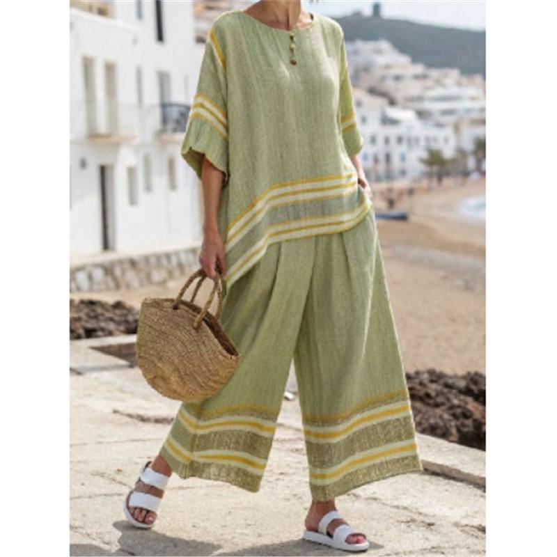Y1 Short Sleeve Shirt Set Fashion Digital Printing Women's Loose Crew Neck Top High Waist Pants Two-piece Set