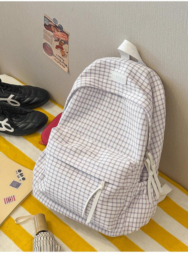 Schultasche: Off-White karierte Textur weiche Oberfläche Studentenrucksack, weicher und künstlerischer Stil, für Campus-Mädchen, tägliches Einkaufen Mini-Rucksack