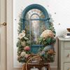 Vintage Teal Window Garden Wall Mural 3D Tropical Floral Butterfly Removable Wall Sticker for Bedroom Living Room Entryway Decor