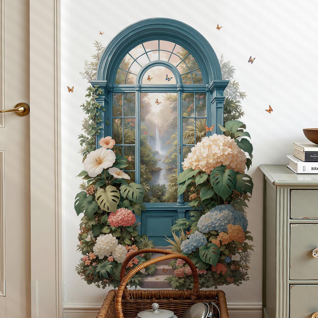 Vintage Teal Window Garden Wall Mural 3D Tropical Floral Butterfly Removable Wall Sticker for Bedroom Living Room Entryway Decor