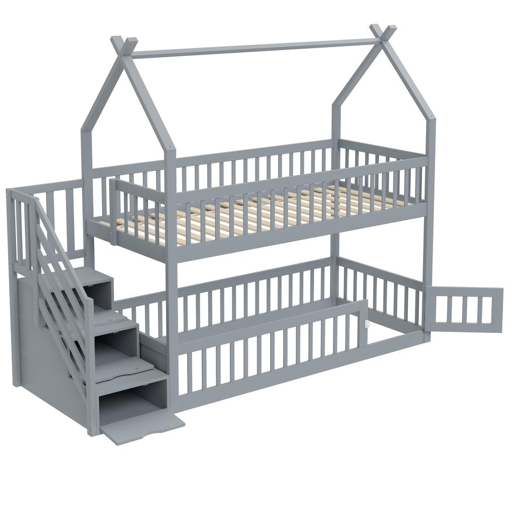 90x200 Children's Bunk Bed Solid Wood Bed with Roof, Safety Stairs and Storage Drawers, Storage Children's Bed Single Bed Gray