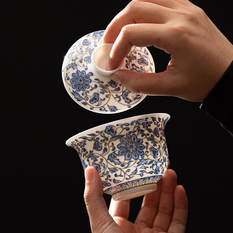 Light Luxury Suet Jade Blue and White Sancai Cover Bowl, Single High-end Hoverable Tea Bowl with Lid To Make Tea, Ceramic Kung Fu Tea Set