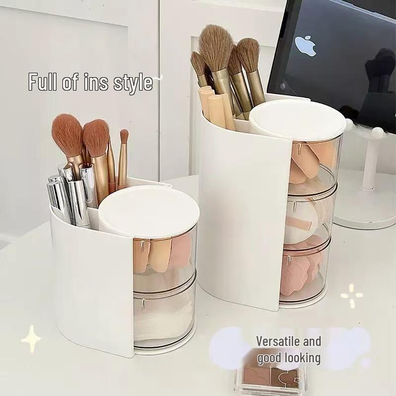 Drehbarer staubdichter Make-up-Organizer mit Puderquasten-Aufbewahrung, Lippenstifthalter und Pinselständer