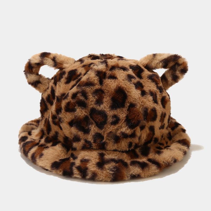 Women's Bucket Hat Winter Cute Cat Ear Plush Fisherman Cap Keep Warm Faux Fur Leopard Bob Cap Female