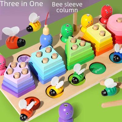 Children's Wooden Educational Toy Set: 3-in-1 Magnetic Fishing, Logarithmic Board & Geometry Columns