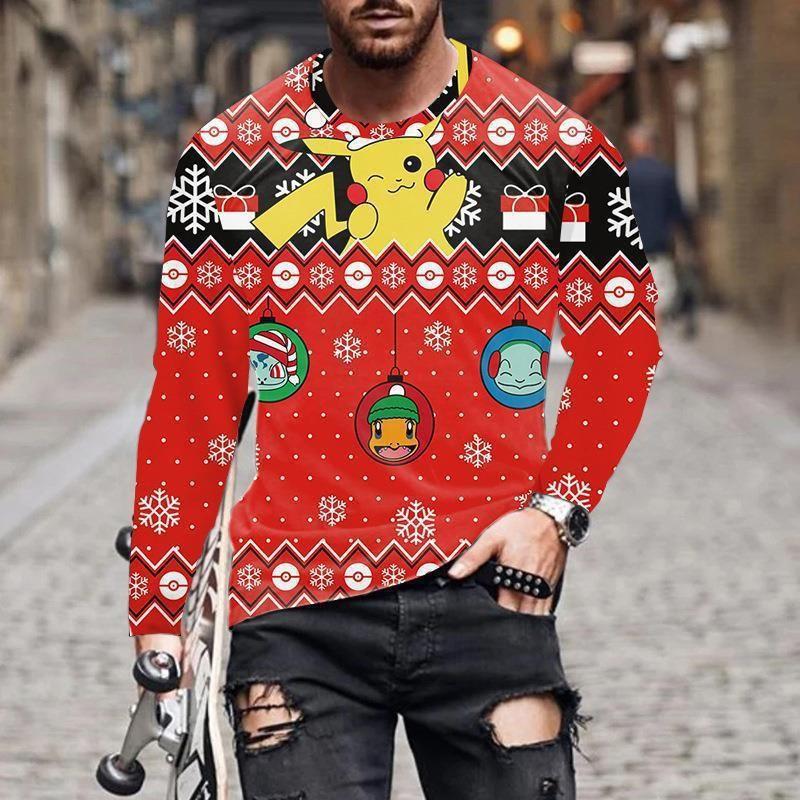 Herren T-Shirts Weihnachten Herren Neu Rundhals Langarm Street Fashion 3D Gedrucktes Herren T-Shirt