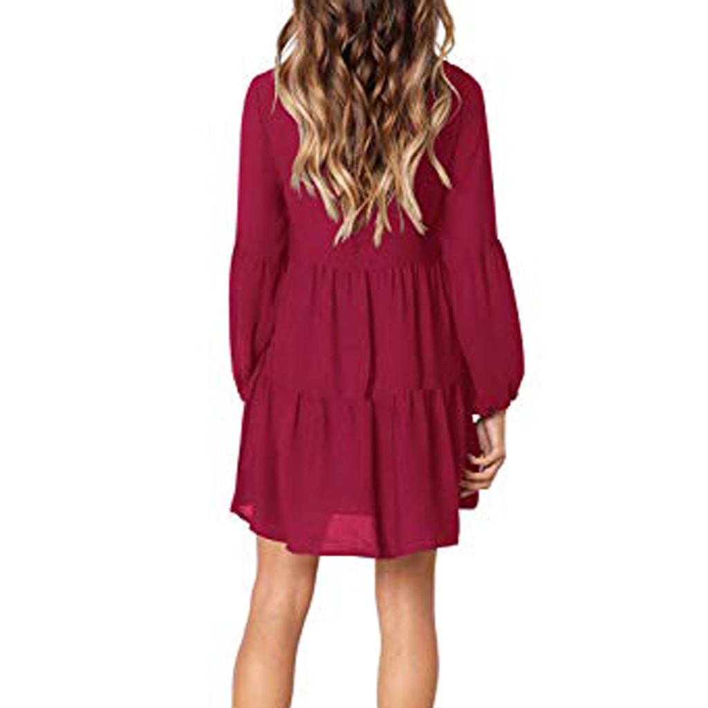 Fashion Women Long Sleeve V-Neck Draped Flowy Swing Dress