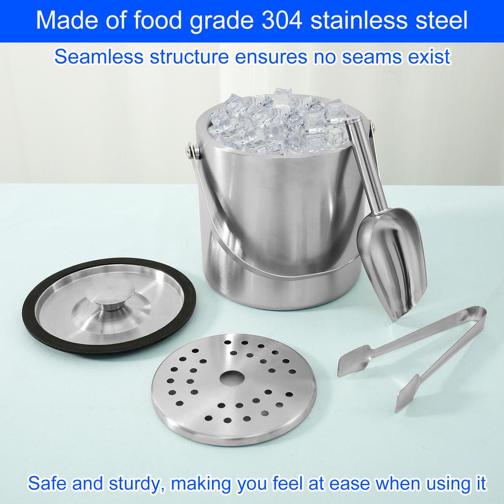 2L Ice Bucket with Handle Double Wall Insulated Ice Buckets Container Stainless Steel Ice Cube Bucket for Cocktail Bar Parties