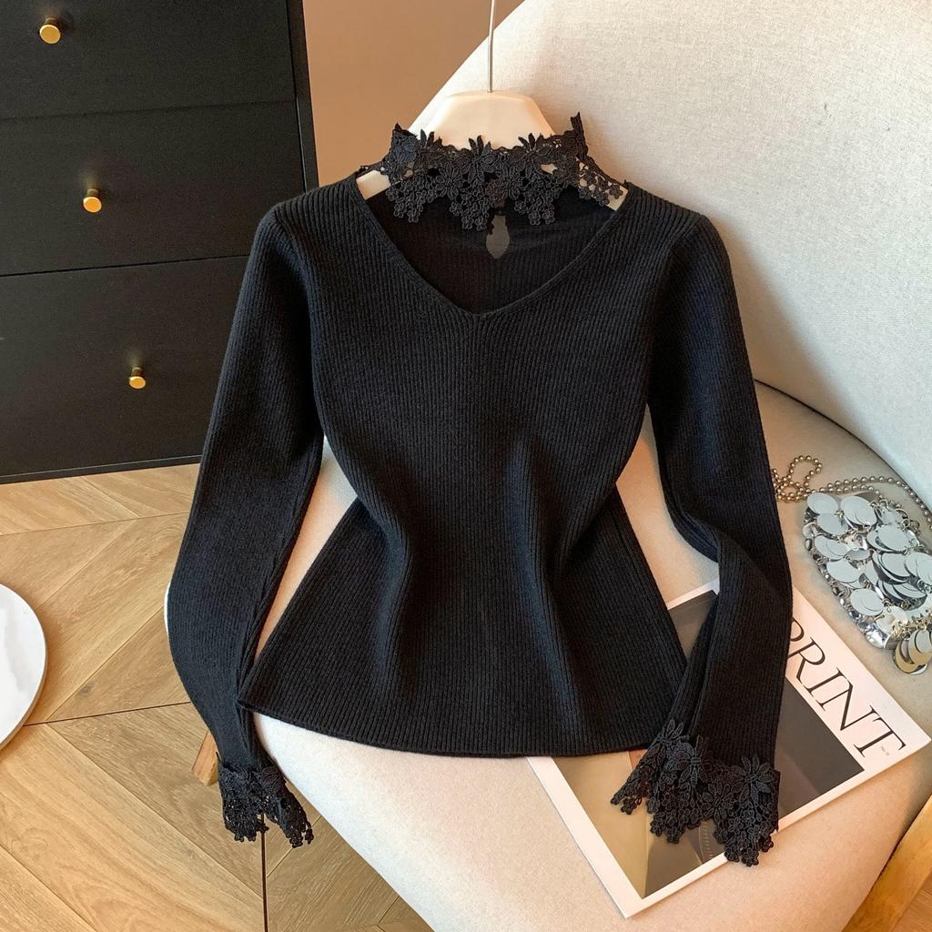 French collar V-neck lace knit sweater, autumn/winter new long-sleeve sweater, slim fit, base layer