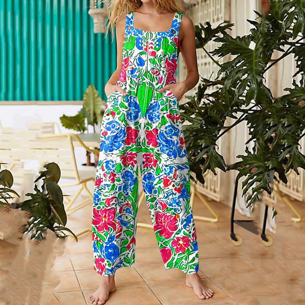 Women's Fashion Casual Loose Back Straps Wide Leg Vintage Printed Jumpsuit